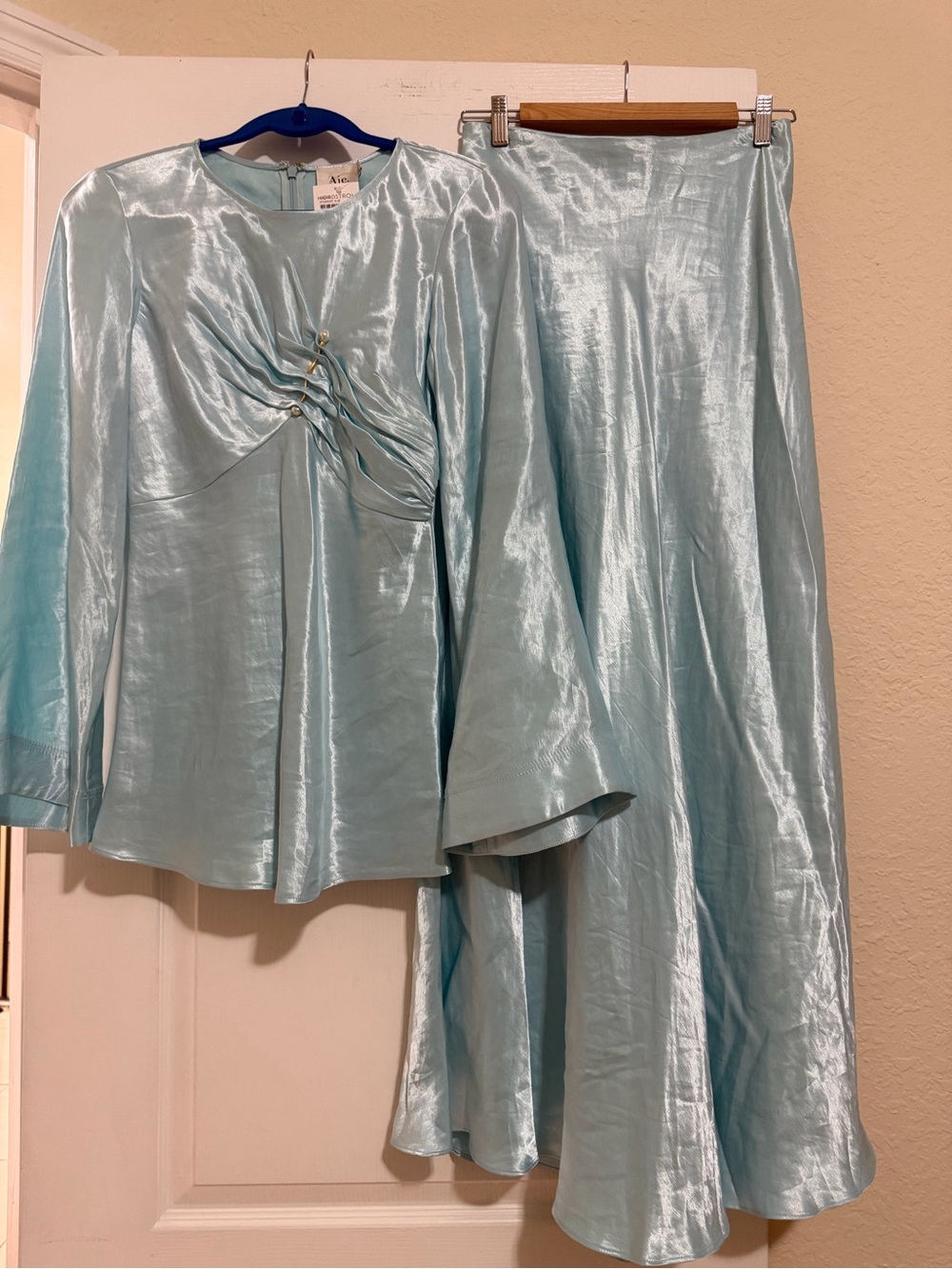 Aje Shimmery Light Aqua Ruched Satin Maxi Set